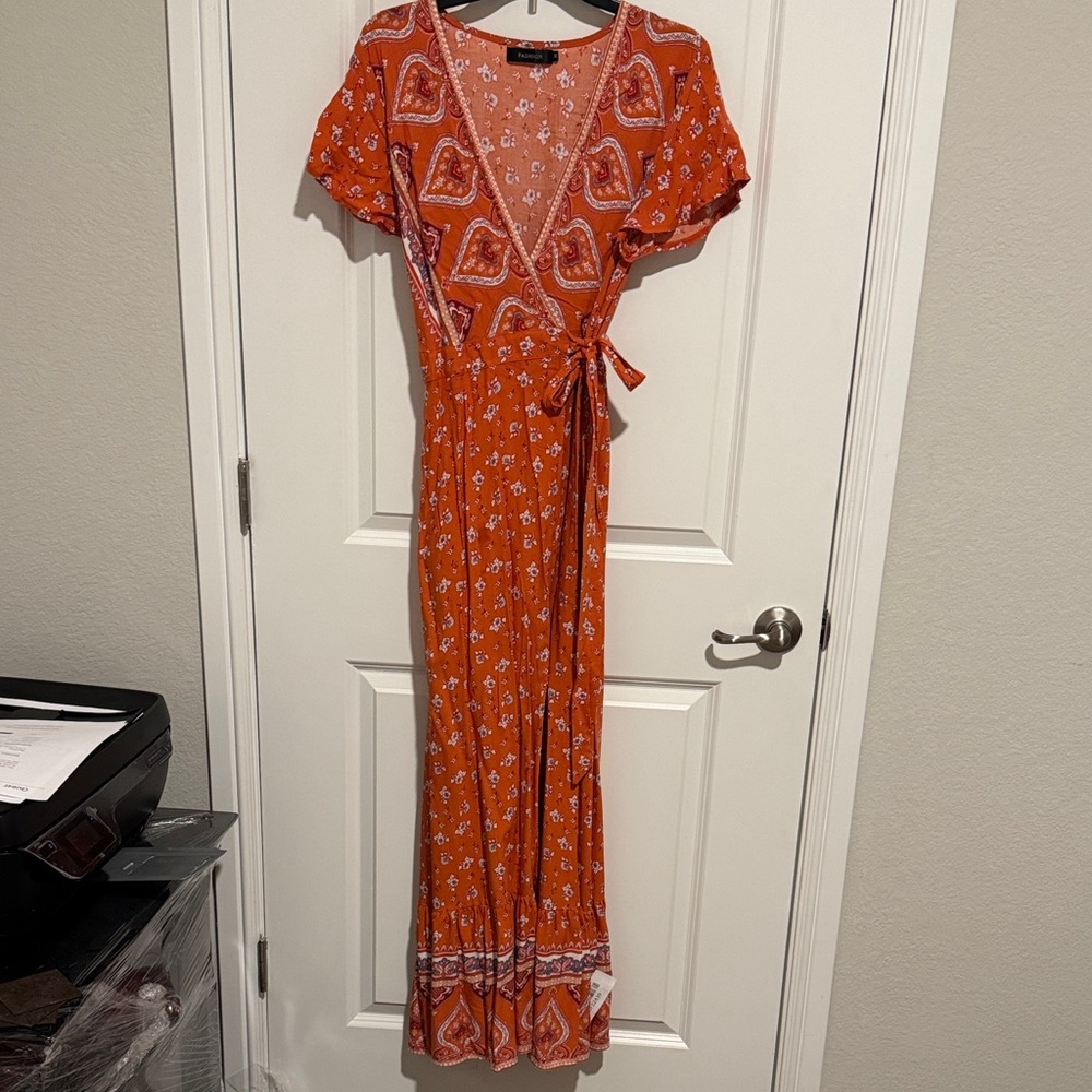 Orange Floral Wrap Dress